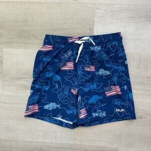 Huk Boys Fourth of July Trucks and Fishin Drawstring Swim Trunks Youth Medium